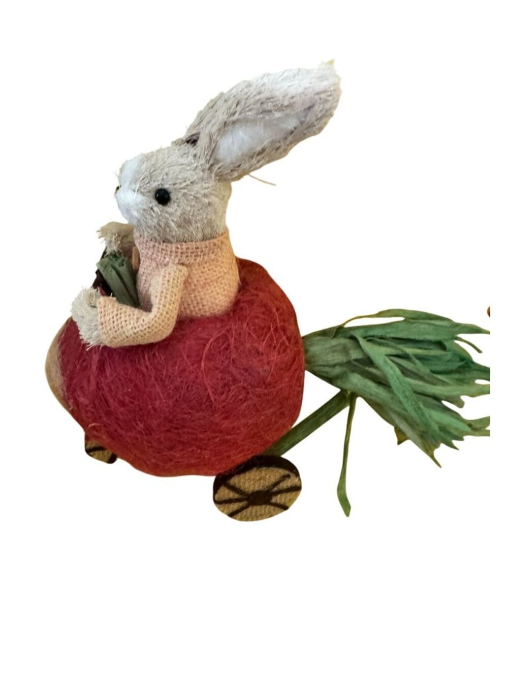 Vintage Handmade Sisal Bunny Riding Radish Cart Easter Spring Decor Glass Eyes - Picture 4 of 7